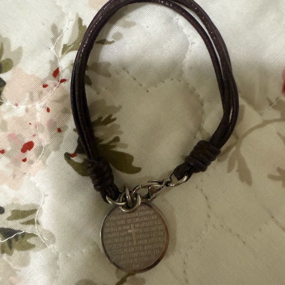 Brown Leather Bracelet with Silver Pendant Our Father prayer
